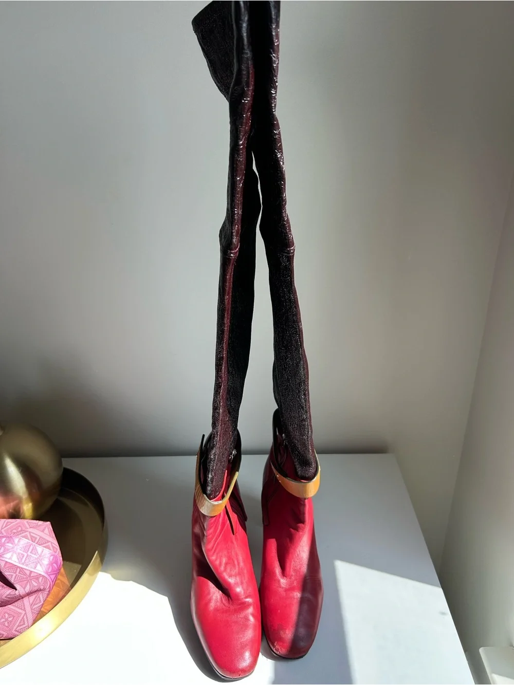 Stuart Weitzman Red Brown Patent Leather Belted Knee-High Boots